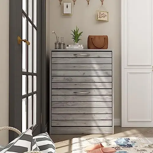 

Modern Shoe Cabinet with 3 Flip Drawers, Freestanding Shoe Cabinet, Slanted Design, Shoe Organizer for Hallway Entryway Light