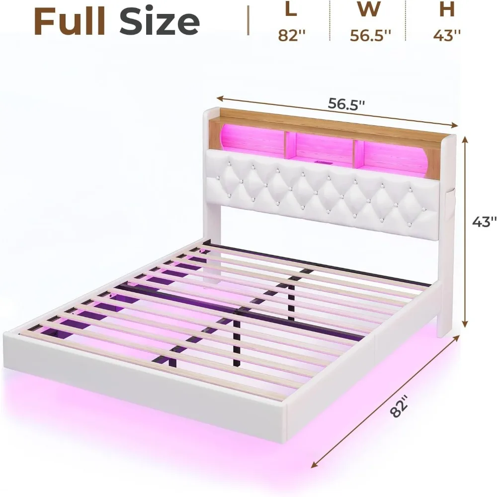 Full Bed Frame with LED Lights & Storage Headboard, Floating Platform Bed with Charging Station, Modern LED Floating Bed