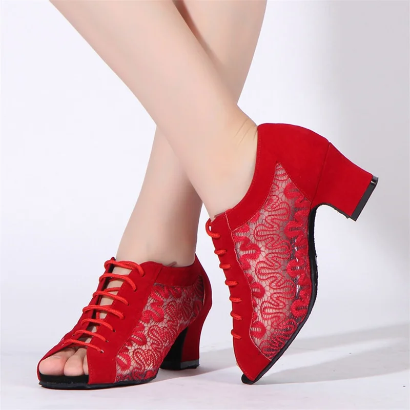 Practise Women Dance Shoes Red Nubuck And Pattern Mesh DIY Woman Ballroom Shoes Standard Latin Salsa Ballroom Party Dance Shoes