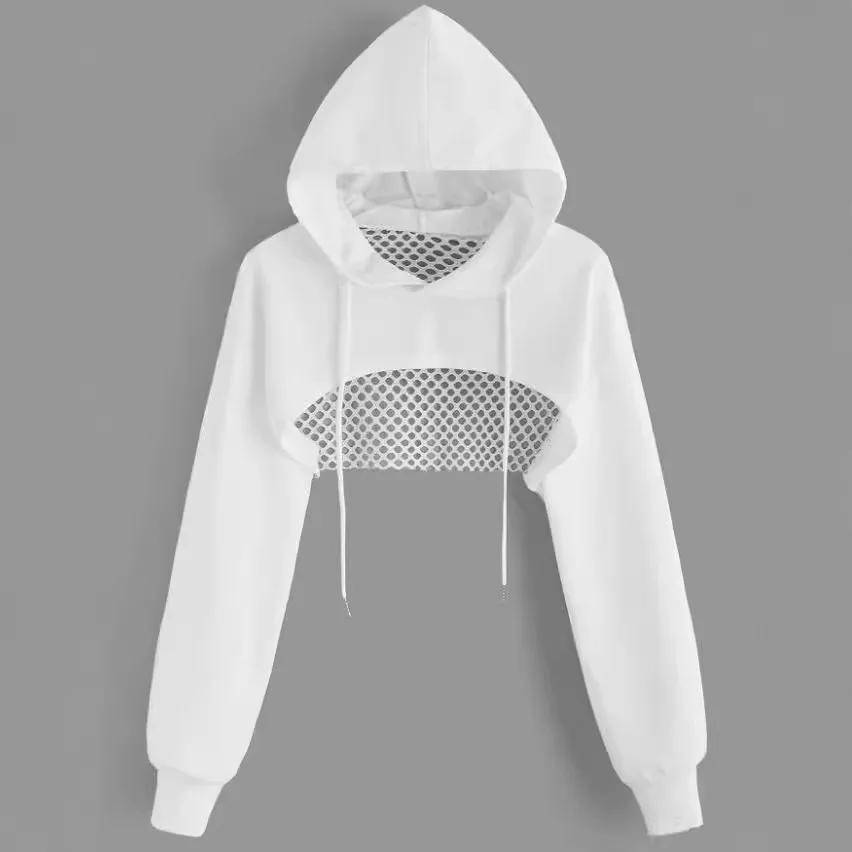 موضة بلون هوديس للنساء ربيع الخريف عادية بأكمام طويلة خياطة جوفاء شبكة بلوزات مثير سيدة بلوزات قصيرة