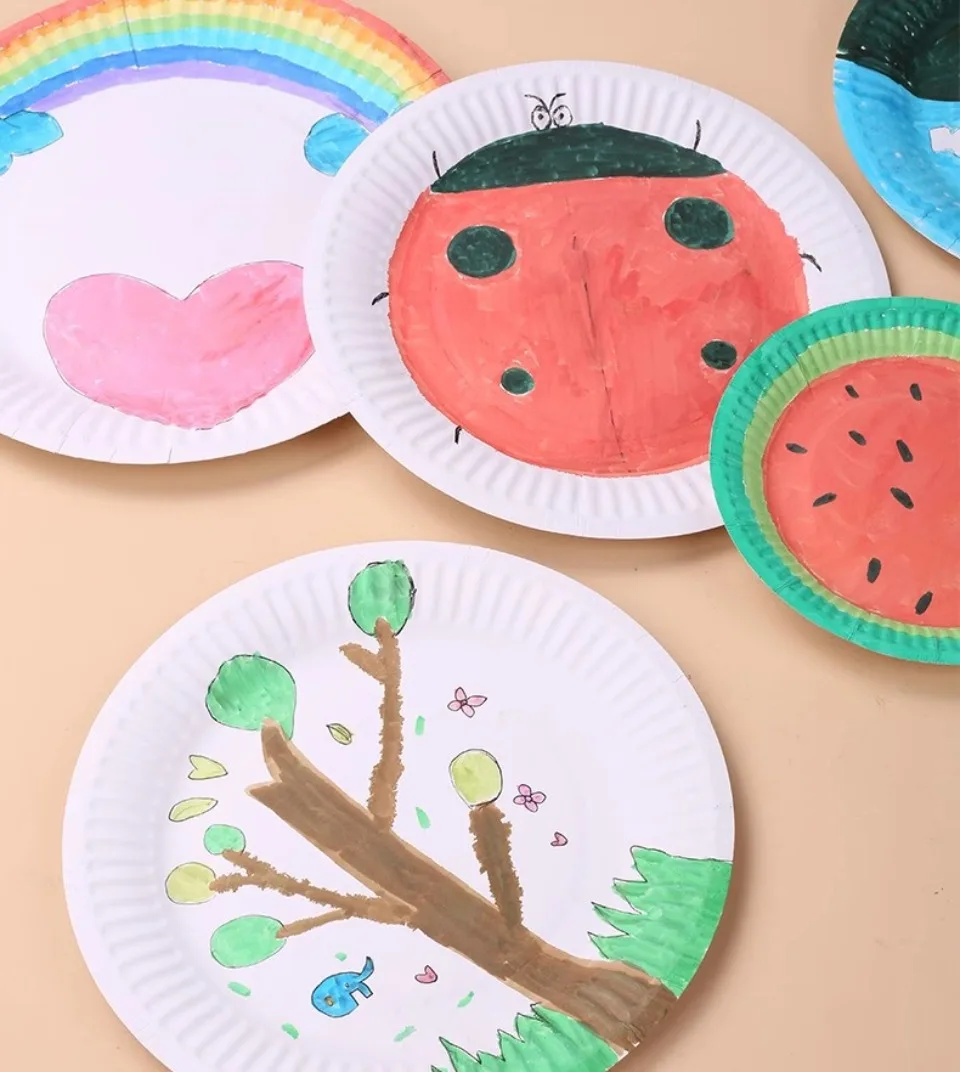 50 Stück Pappteller, Einweg-Partygeschirr, Knochenspuckplatte, Picknickplatte, Kinderzeichnung, DIY, weißer Karton, Decora – Detail 10