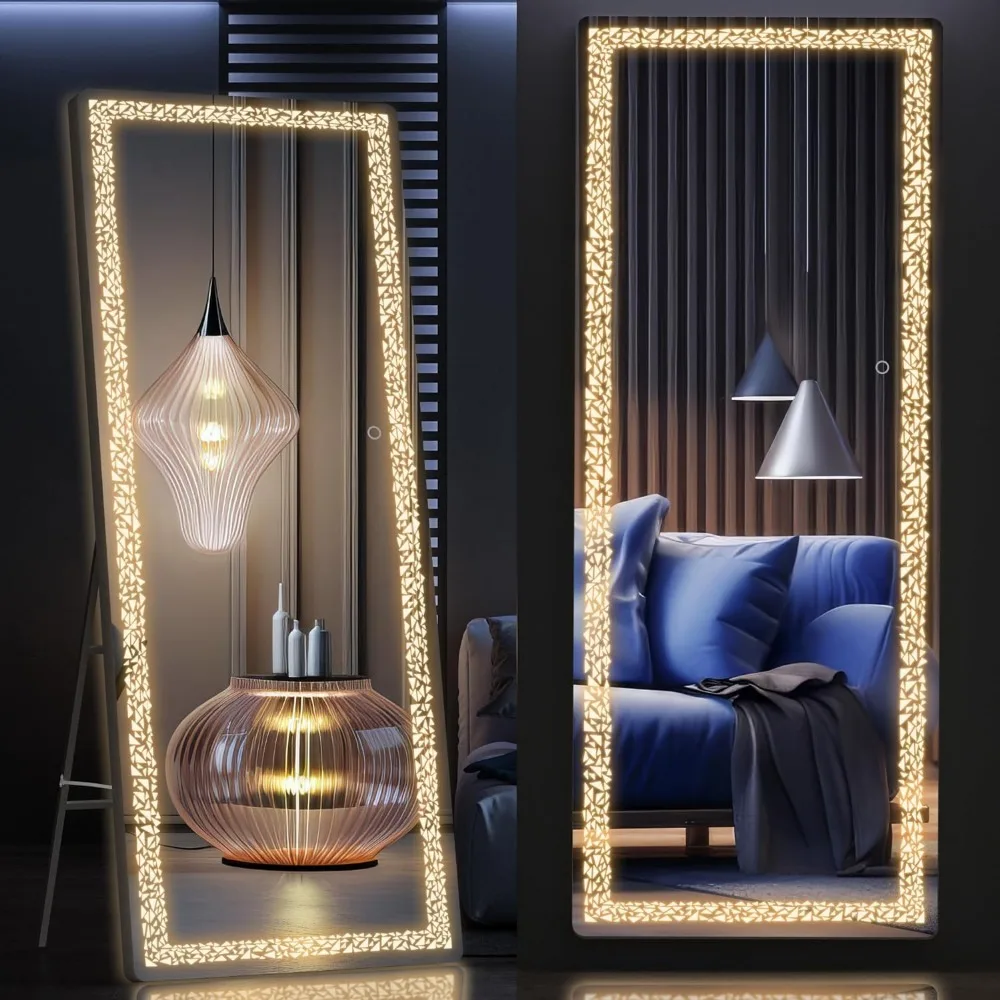 Hasipu-Miroir pleine longueur avec lumières LED, miroir complet du corps, lumière à motif triangulaire, plancher autoportant à LED, 63 po x 16 po