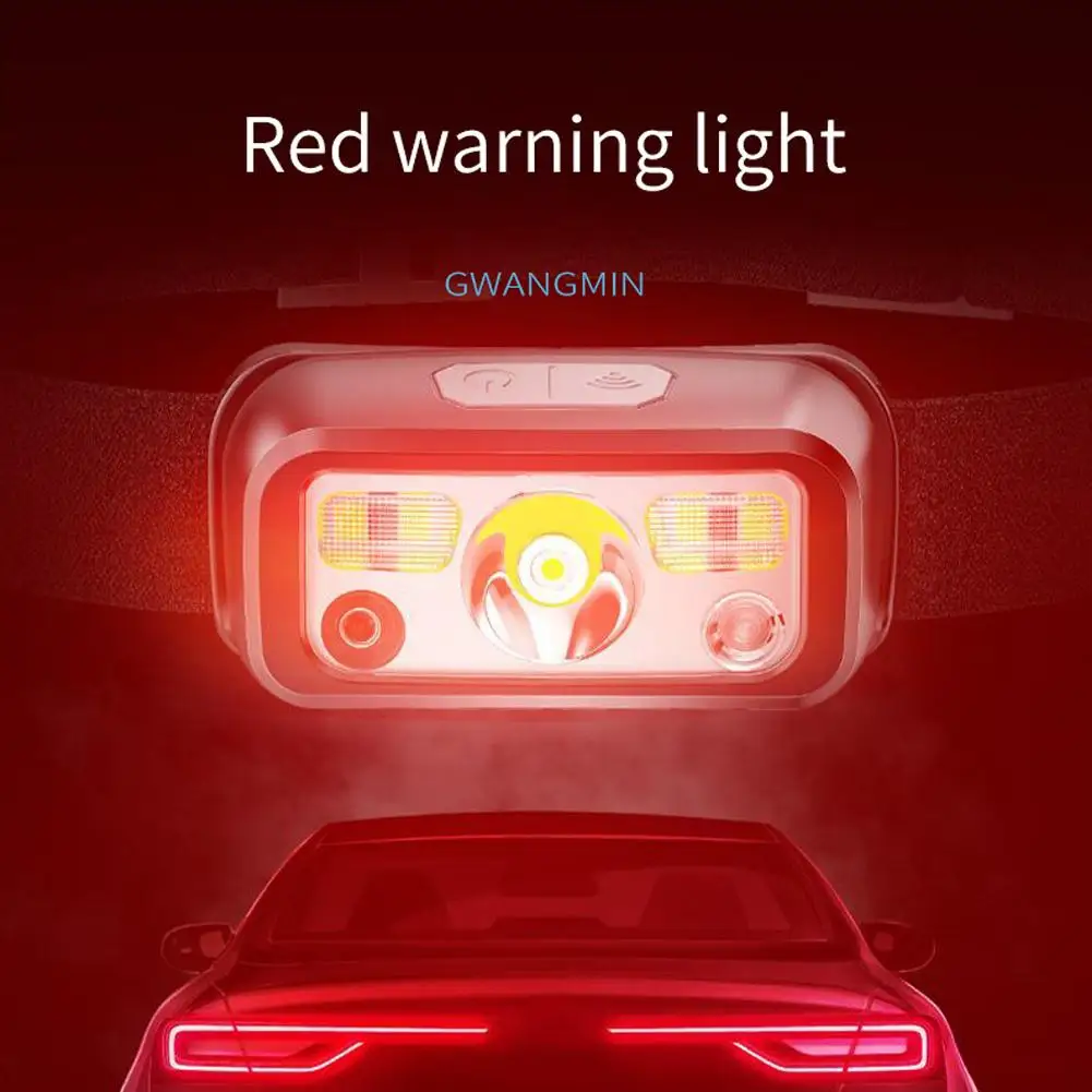 Sensor de led farol recarregável usb-farol de indução para pesca acampamento noite correndo farol com luz vermelha