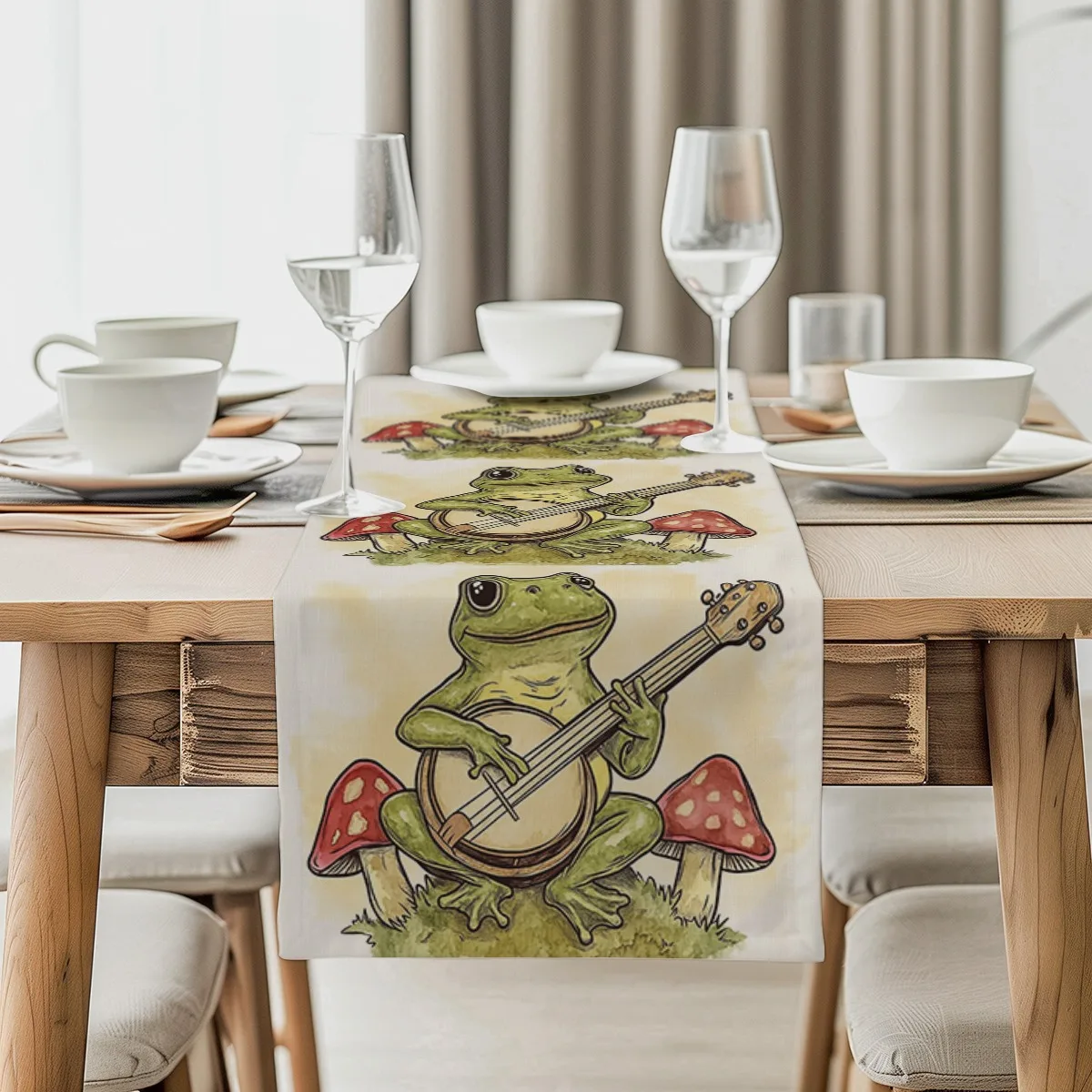 Dekoration Tischläufer Frosch Pilz Skizze Stil Langes Tuch für Zuhause, Küche, Outdoor, Garten, Restaurants, Bankettbedarf.