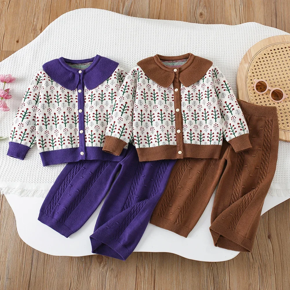 

Осенний комплект одежды для девочек, комплект из 2 предметов, вязаный комплект для девочек, кардиган с цветочным принтом, штаны и вязаные штаны, детская одежда