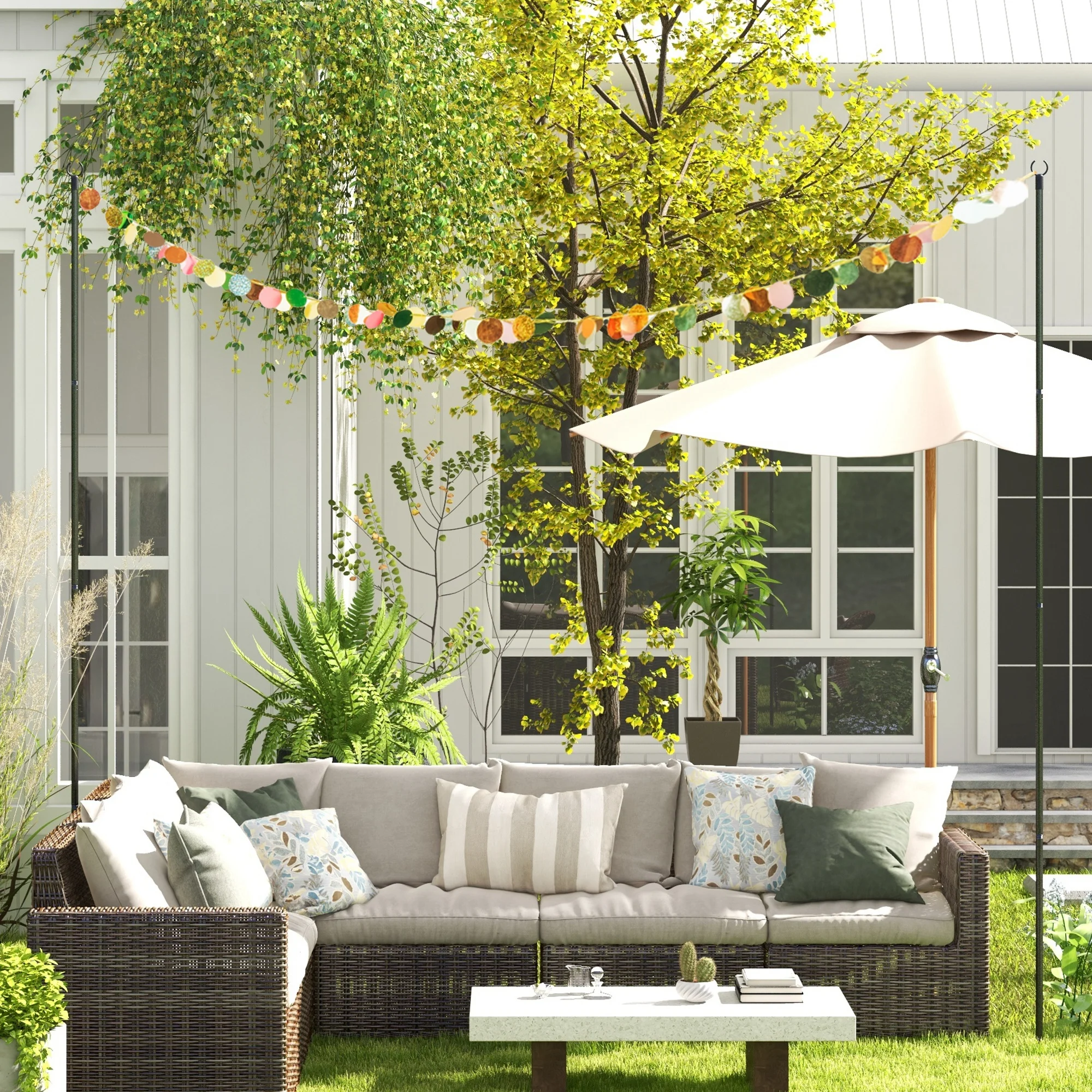 Paquete de 2 Postes de 10' para Guirnaldas de Luces, Soporte de Acero para Iluminación Colgante para Patio, Jardín, Terraza, Bodas, Fiestas, Color Negro