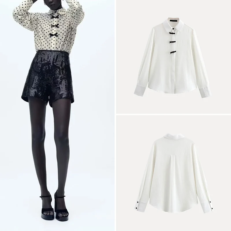 Z Polka Dot irt Long Sve da donna Colletto con bottoni Nodo Primavera 2025 Faion Versatile fibra di poliestere 00%