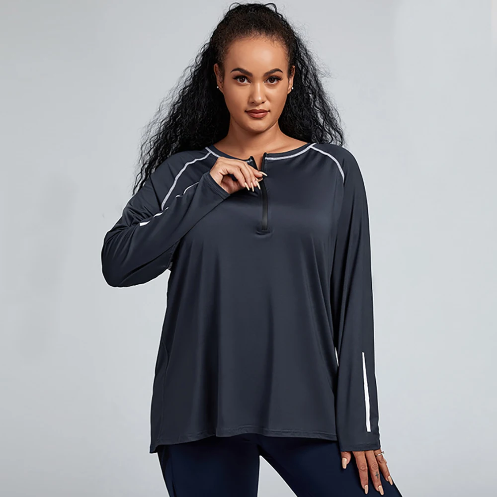 Long Sleeve T-Shirts Women Stretch Sweatshirt Ladies Half-Zipper Spring Workout Tops 4Xl Yoga Wear Solid Color Sports Top
