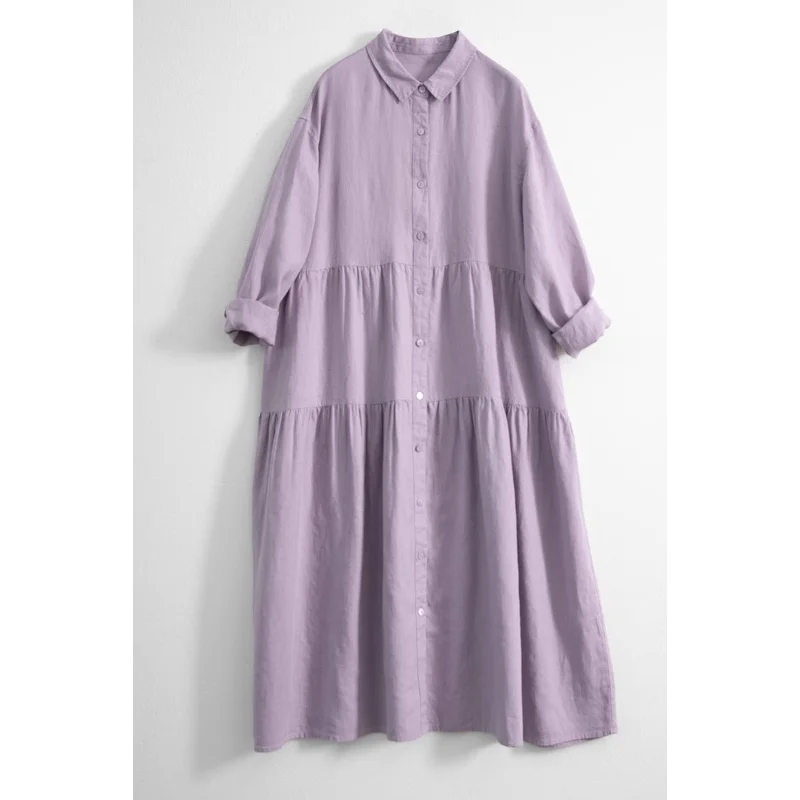 Vestido de comprimento médio de algodão e linho de cor sólida solto e elegante de tamanho grande