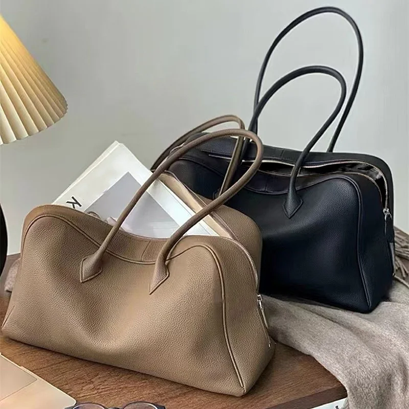 Full Grain Cow Leather Lady Handbag Women Luxury Business Style Armpit Shoulder Bag Female Large Capacity Commute Boston Bag