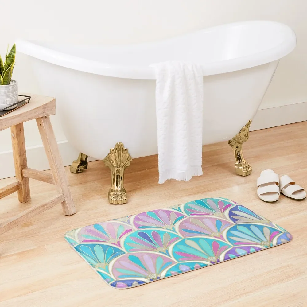 Glamorous Twenties Art Deco Pastel Pattern Bath Mat Non-Slip Pad Bathroom Interior Mat