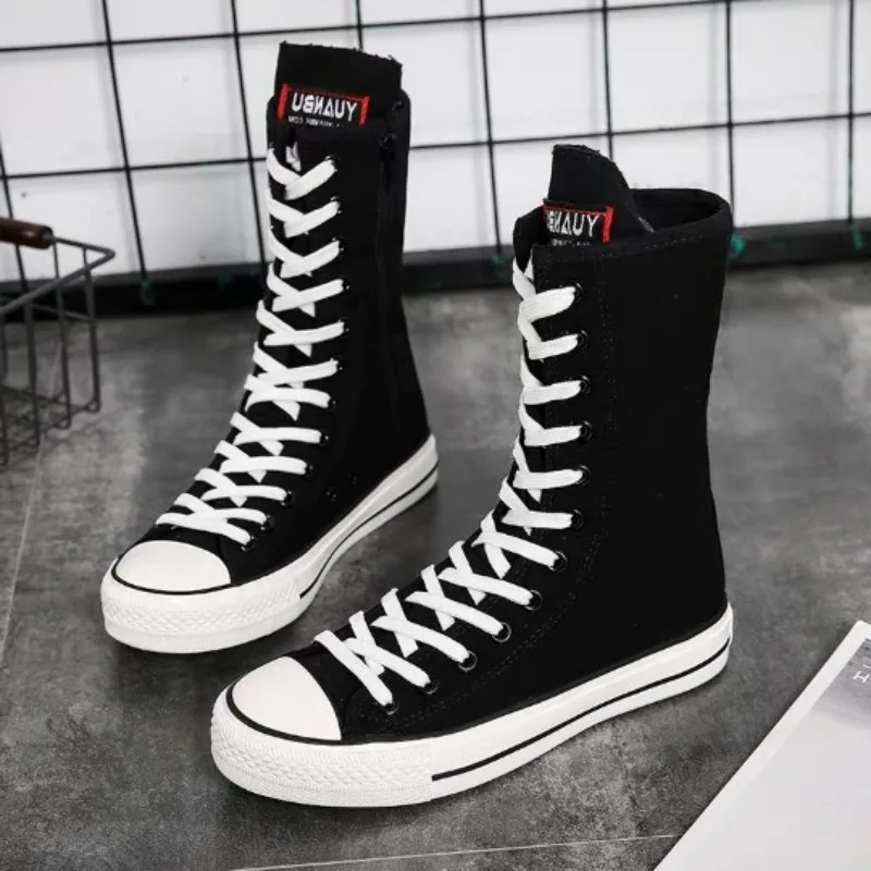 

2026 New High Top Canvas Shoes for Women's Korean Edition Long Boot Lace-Up Zipper Comfortable Boot Zapatos De Mujer Tendencia