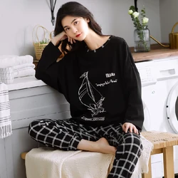 Autumn Winter Women Long-Sleeved Large Size Fashion Soft Casual Cartoon Bear Balloon Sailboat Printed Loungewear Girl Sleepwear