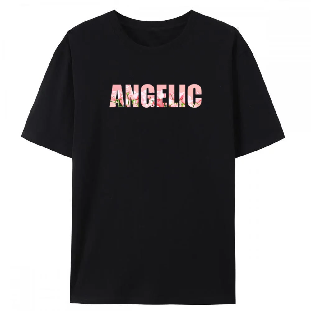 

A T-shirt featuring the letters that symbolize angels and flowers