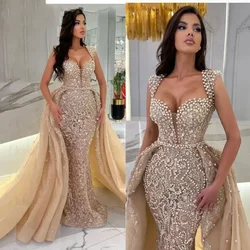 Vestidos de noche elegantes color champán con tren desmontable, vestido de sirena de tul con perlas de lujo, vestidos de graduación personalizados, 2024