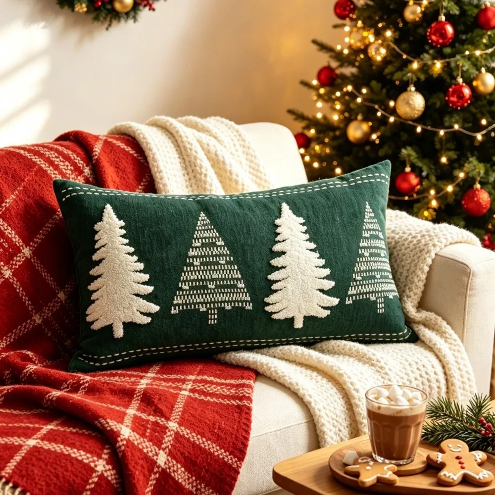 New Chenille Throw Pillow Covers Christmas Tree Embroidered Cherry Plushie Pillowcase Soft Green Cushion Cover for Holiday