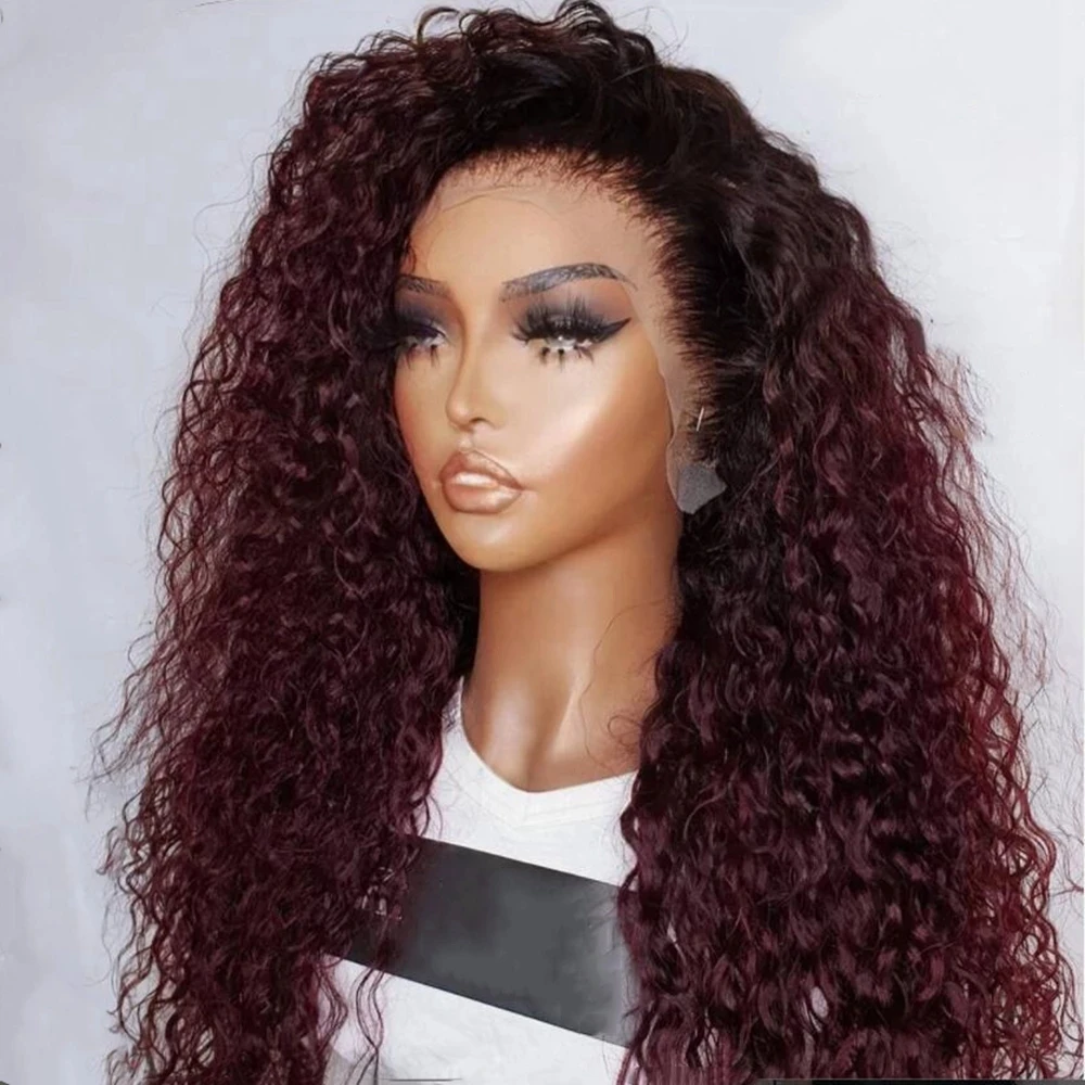 Perruque Lace Front Wig sans colle bordeaux, cheveux crépus bouclés, 26 pouces, 99j, pre-plucked, avec baby hair, pour femmes, 03/Wear