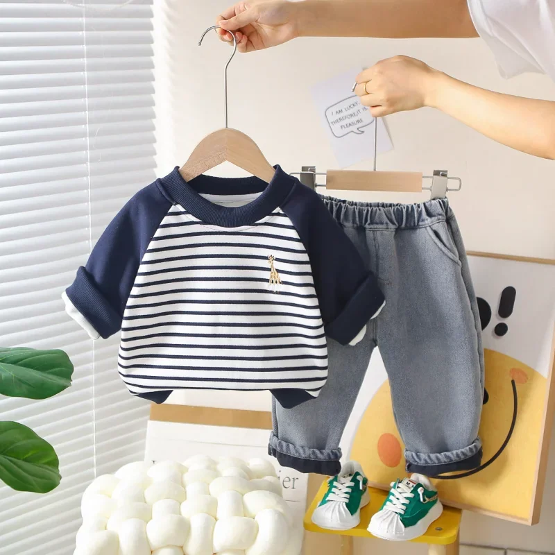 

New Autumn Winter Baby Boys Clothes Suit Children Striped Thicken Warm T-Shirt Pants 2Pcs/Sets Infant Costume Kids Tracksuits