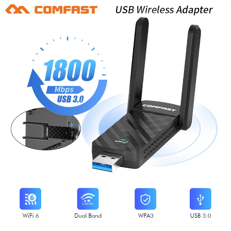 

Wifi 6 USB адаптер 802.11AX USB 3,0 Wi-Fi ключ 5G Гц 1800 Мбит/с двухдиапазонный 2,4G/5G адаптер беспроводной сетевой карты Windows 7 10 11