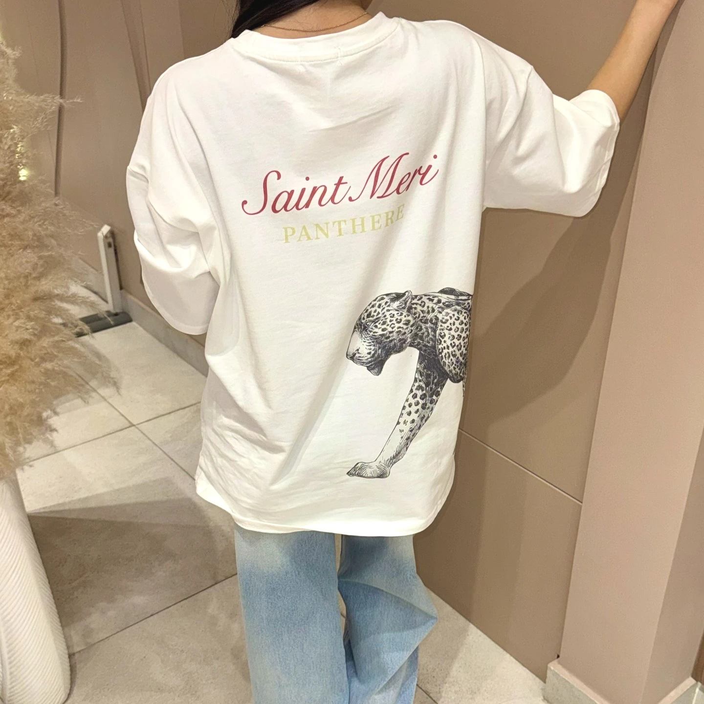 Pure Cotton Y2K Oversized Panther Print T-Shirt Cityboy Streetwear Back Graphic Saint Meri Lettering Drop Shoulder Casual Tee