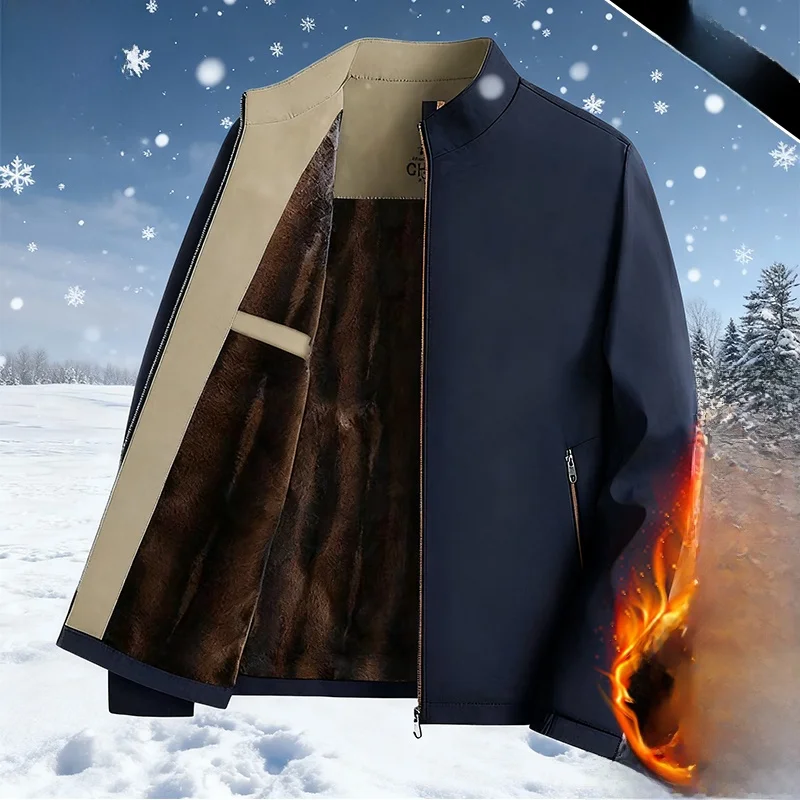 

Thiened Fce Lined Stand Collar Jaet Casual Winter Busin Sle for Middle-Aged Men Dad Adstrative Coat