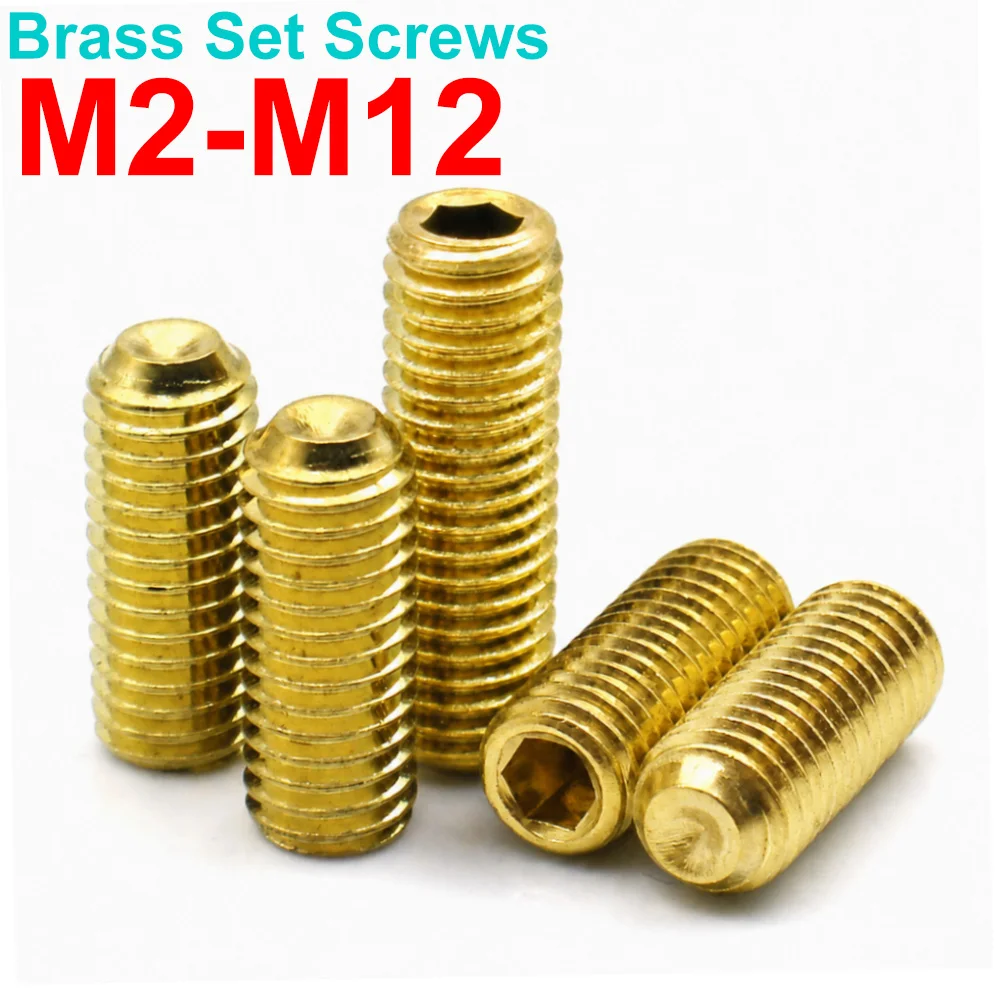 5-10pcs M2 M2.5 M3 M4 M5 M6 M8 M10 M12 Brass Hex Socket Cup Point Set Screws Allen Headless Grub Screws Metric Thread