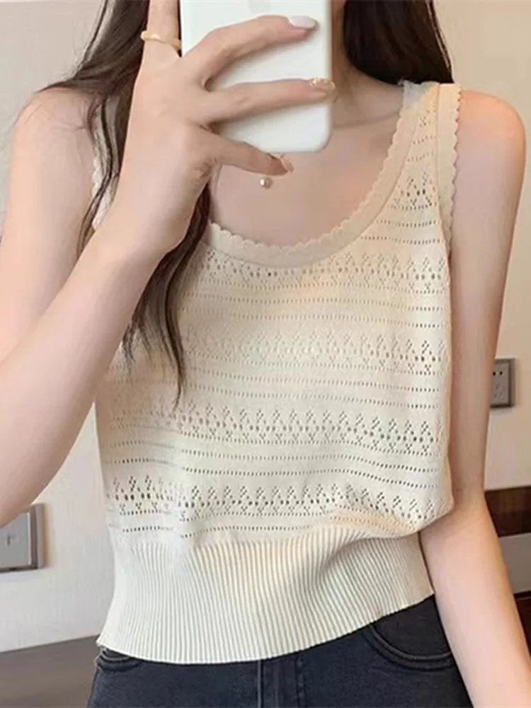 Koronkowa dzianinowa kamizelka z lodowego jedwabiu, ażurowa, cienka, damska, letnia, designerska, biała bluzka na ramiączkach, luźny krój, standardowa długość, wkładana przez głowę.