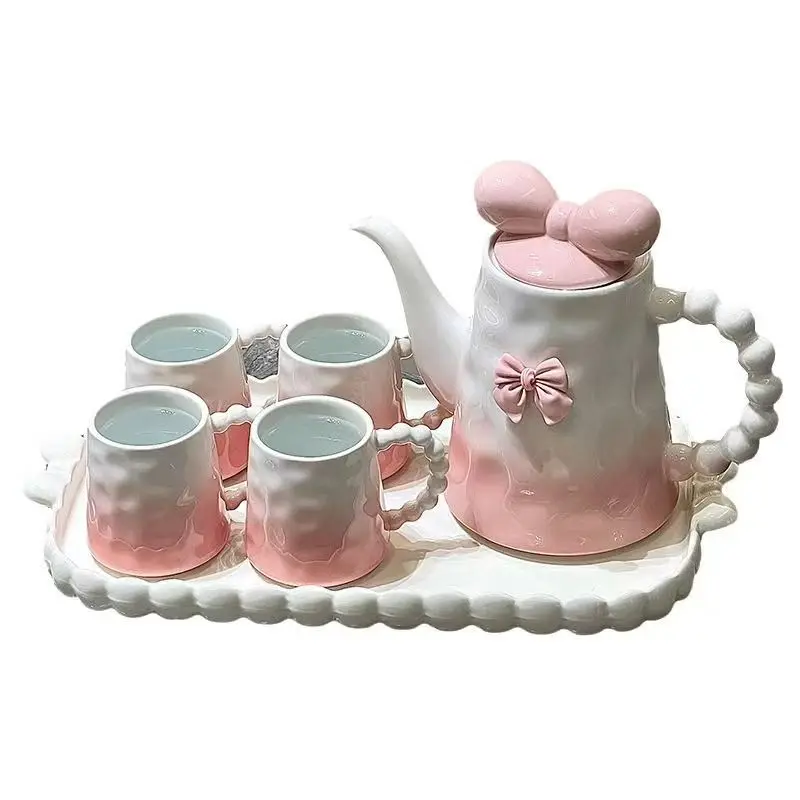 

Pink Gradient Ceramic Tea Set Teapot Bow Cute Girly Afternoon Tea Cup Set Household Kettle Ceramic Coffee Cups Milk Mug