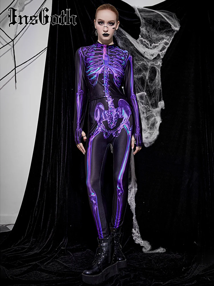 

InsGoth Women 2 Piece Gothic Skull Outfits Harajuku Purple Sexy Exotic Print Top Pants Suit Grunge Winter Street Wear Sets