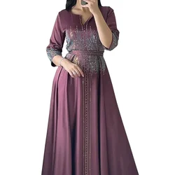 Outfits Clothes for Muslim Women Autumn Fashion Muslim Women Long Sleeve V-neck Party Evening Long Maxi Dress Kaftan Abaya Dubai