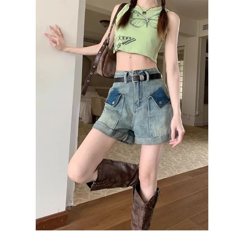 봄과 여름에 입기 좋은 여성용 레트로 데님 반바지 얇은 디자인 니치 하이웨이스트 루즈 A라인 스트레이트 와이드 레그 반바지