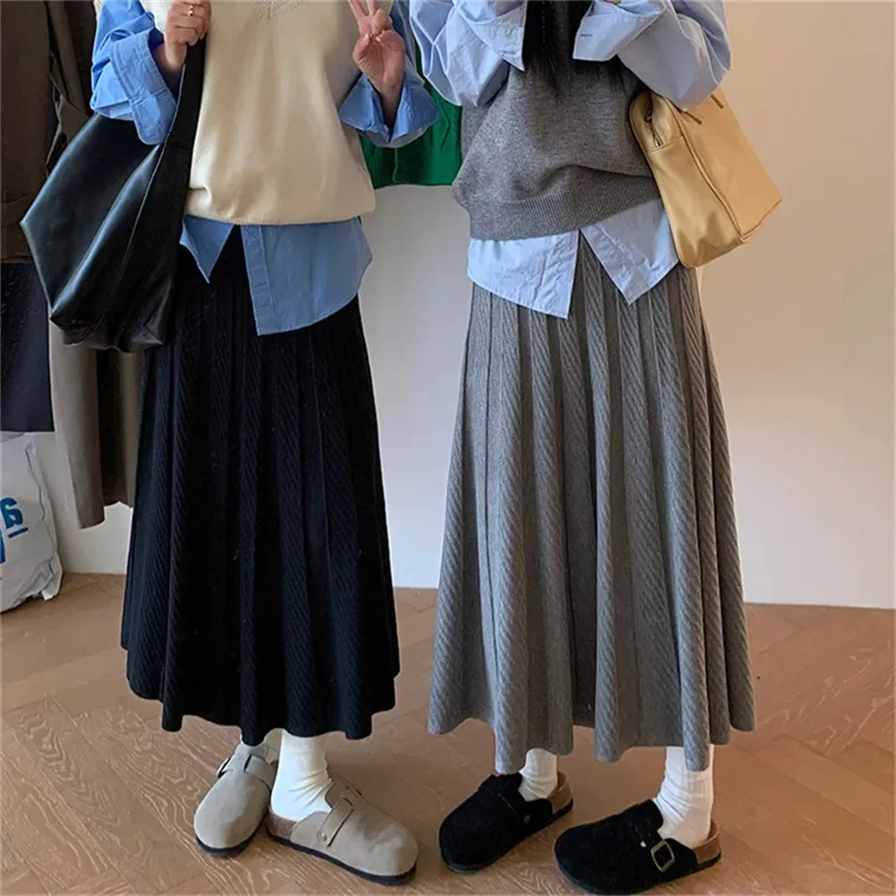 Autumn Winter Thick High Waist Knitted Skirts Women Casual A Line Ladies Pleated Warm Skirts Elegant Solid Color Knit Long Skirt