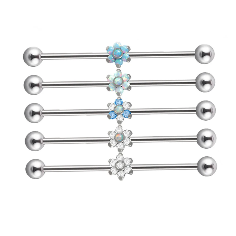 G23 Titanium Crystal Flower Long Bar Cartilage Ear Scaffold Tragus Piercing Jewelry 14G Piercing Gem Industrial Barbell Earrings