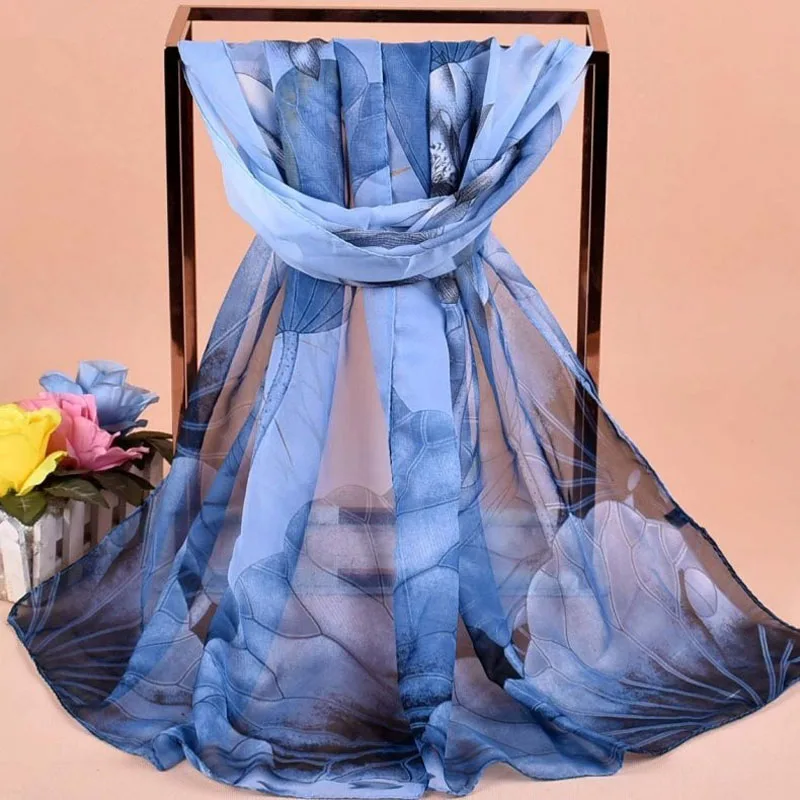 Neuer Chiffon-Schal mit Lotus-Print, modischer, leichter Halstuch für Damen, Sommer-Sonnenschutz-Seidenschal, 150*50cm