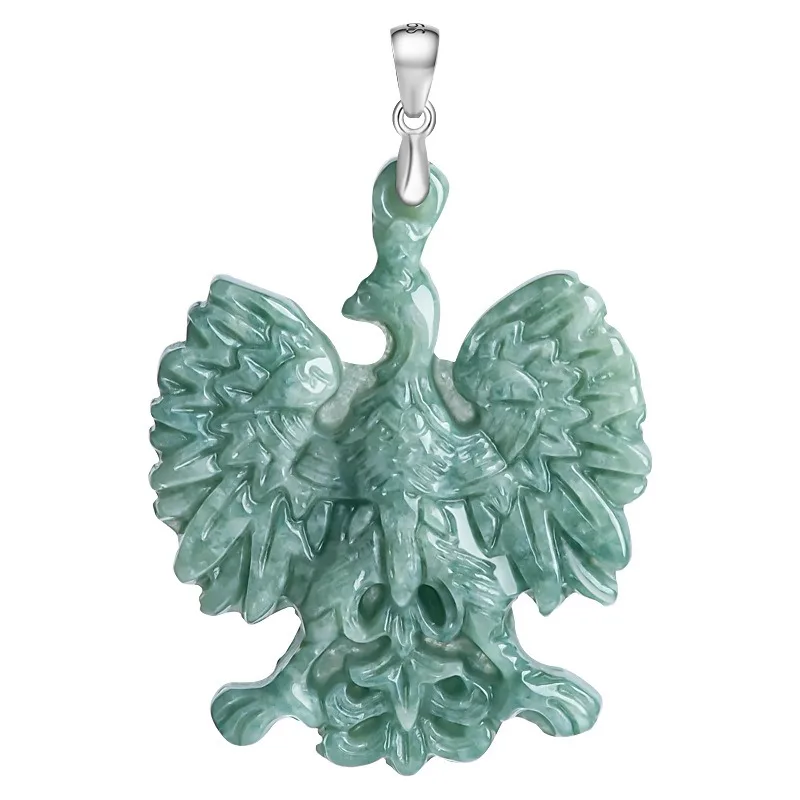 Natürliche burmesische Smaragd Adler der Freiheit Jade Anhänger 925 Silber Halskette geschnitzt Mode Charme Schmuck Amulett Geschenk für Frauen Männer