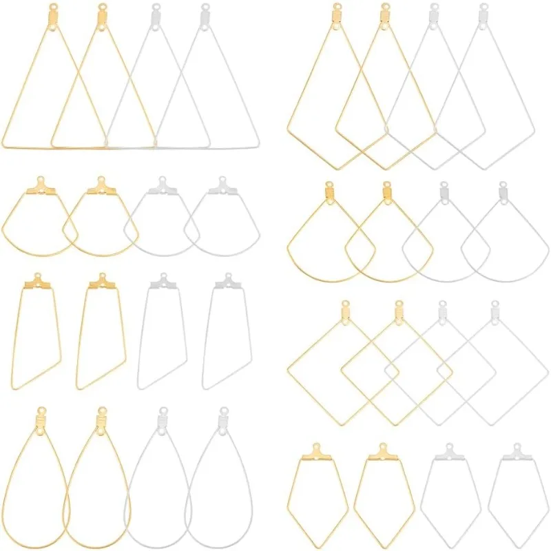 

32Pcs 8 Style 2 Colors Stainless Steel Hoop Earring Findings Teardrop Fan Rhombus Triangle Wire Hooks Pendants Geometric Shape