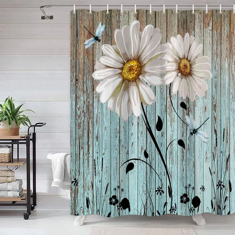 

Занавеска для душа в деревенском стиле с ромашками и стрекозой, винтажный деревянный фон, декор для ванной комнаты, природа, искусство, водонепроницаемая занавеска для ванны