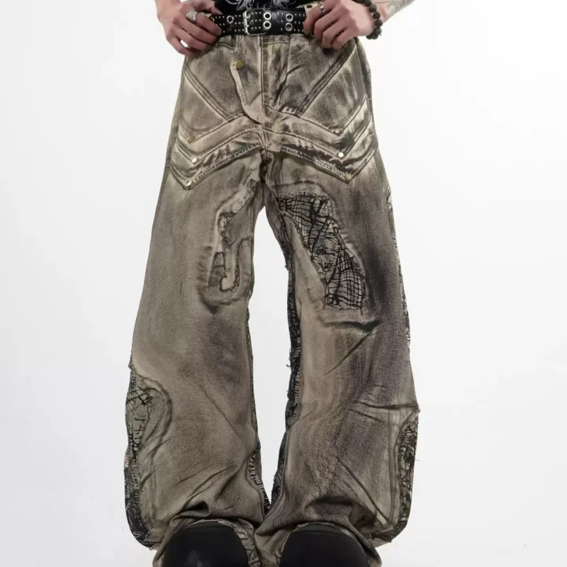 

High Street Punk Style American Splicing Wasteland Rivet Design Broken Knife Jeans Unisex Fashionable Washing Pants