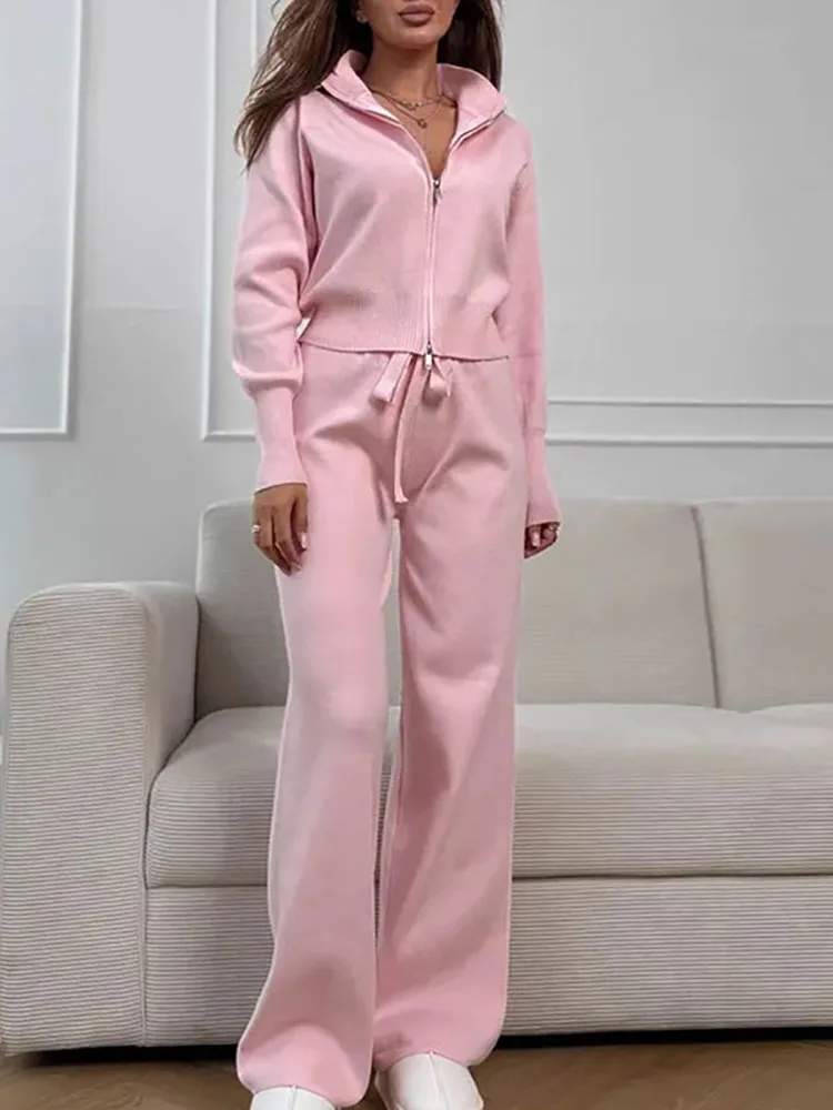 

Новый топ и брючный костюм на молнии с длинными рукавами, простой повседневный прямой наряд с высокой талией, осенне-зимний однотонный вязаный женский комплект