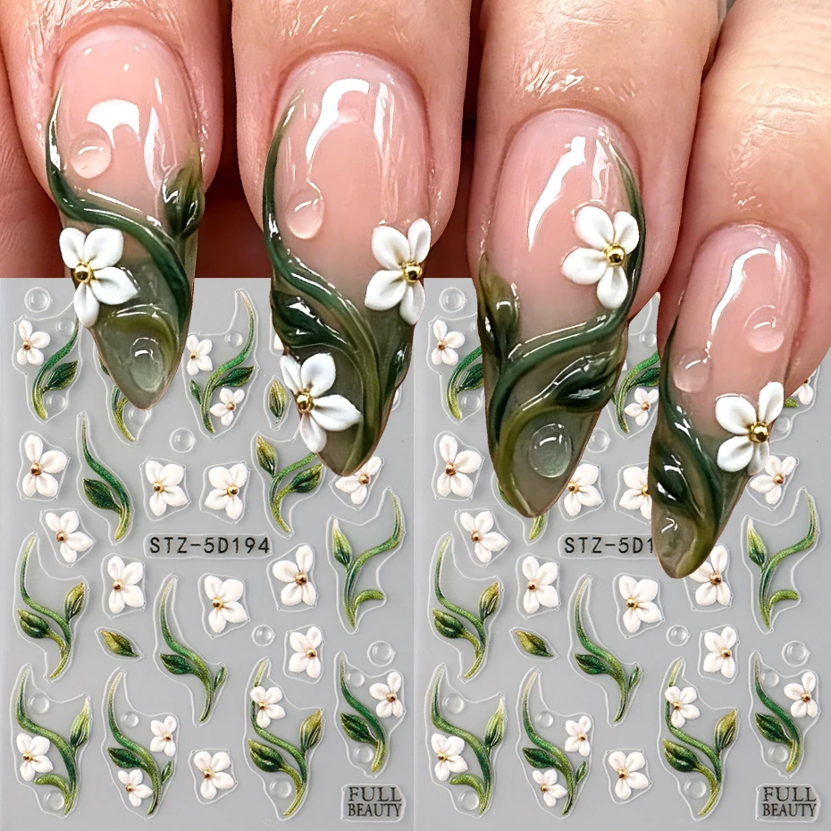 2 Stück 5D geprägte Blumen- und grüne Ranken-Nagelaufkleber, florale Blatt-Sticker, selbstklebende Nagelkunst-Aufkleber, Sommer-Dekorationen für die Maniküre