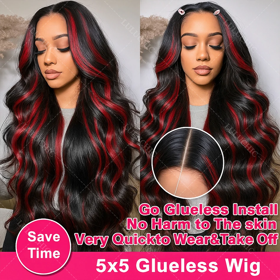 1B/99J أومبير الأحمر مع الأسود يسلط الضوء على الجسم موجة 5x5 غلويليس الباروكات شعر الإنسان للنساء 200% بورجوندي الملونة الدانتيل إغلاق الباروكات