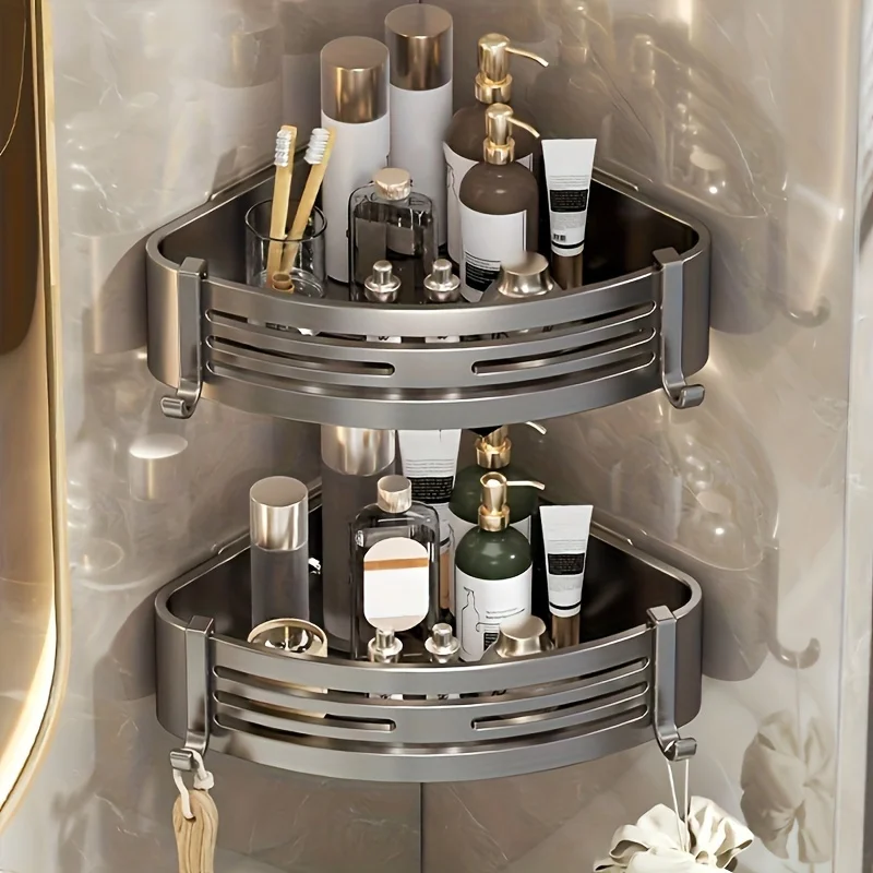 No-Drill Aluminum Corner Shower Shelf Rustproof Moisture-Proof Holds Shampoo Soap Includes Towel Rack for Bathroom Kitchen