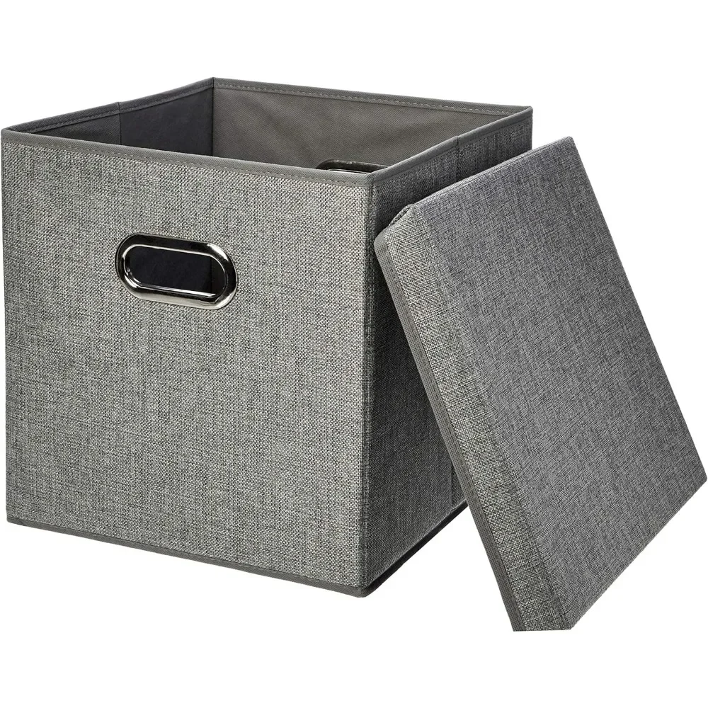 Amazon Basic Collapsible Burlap Block Storage Box with Lid, 2 Piece Set, 2 Side Handles, 13 x 13 x 13 inches, Grey