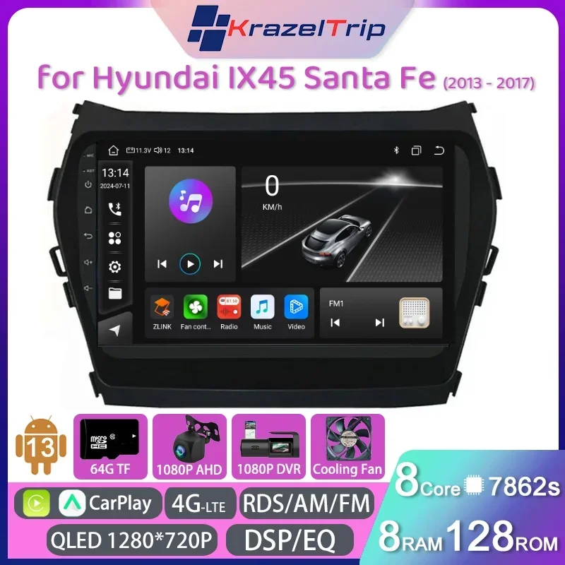 

7862S 8Core Carplay Android Auto Intelligent Car Radio Stereo for Hyundai IX45 Santa Fe 2013 2014 2015 2016 2017 GPS RDS QLED 4G