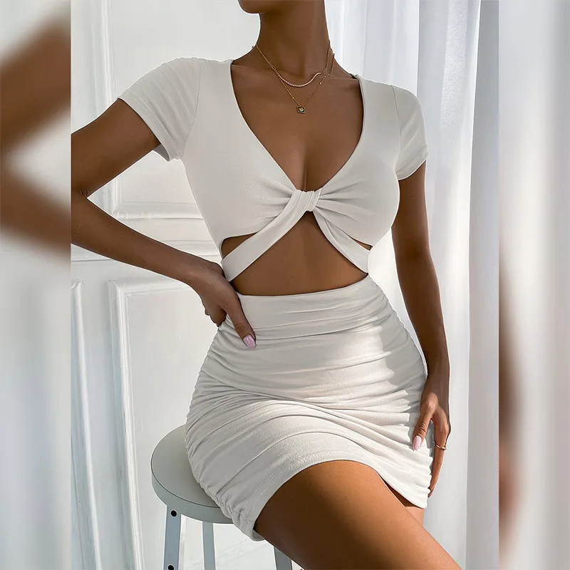 Women's Skirt 2 Piece Sets Elegant Pleated Sexy Mini Dress Slim Short Sleeve Deep Hollow Dresses Festival Party Matching Outfits