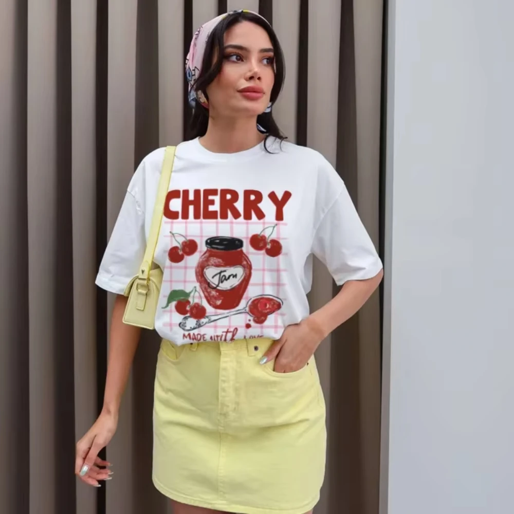

Y2k Aesthetic Cherry Jam T-Shirts for Women Cute Fruit T-Shirts Loose Short Sleeve Retro Graphic Tees Female Cottagecore Clothes