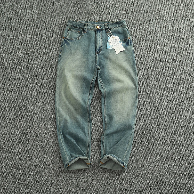سراويل جينز عالية الساق واسعة ومستقيمة للرجال مريحة للربيع والصيف رقيقة للغسيل القديم