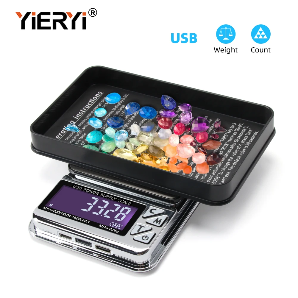Yieryi 1000g/600g/200g Digital Jewelry Scale 0.01g High Precision Pocket Scale USB Charging Gram Balance Weight Scale