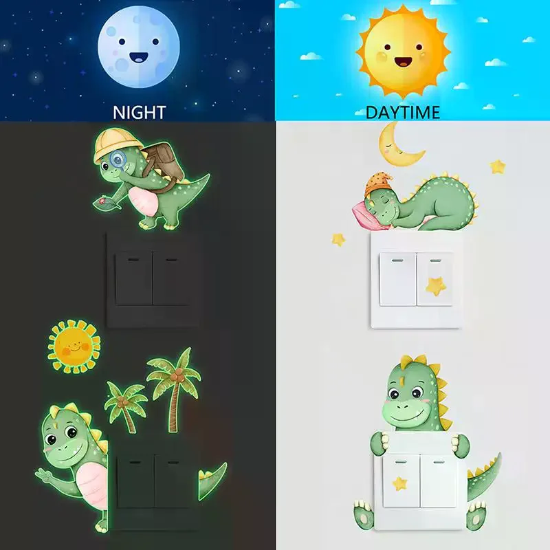 Glow-in-the-dark Dinosaur, Sun, And Moon Light Switch Stickers For Bedroom And Living Room Decorative Walls.
