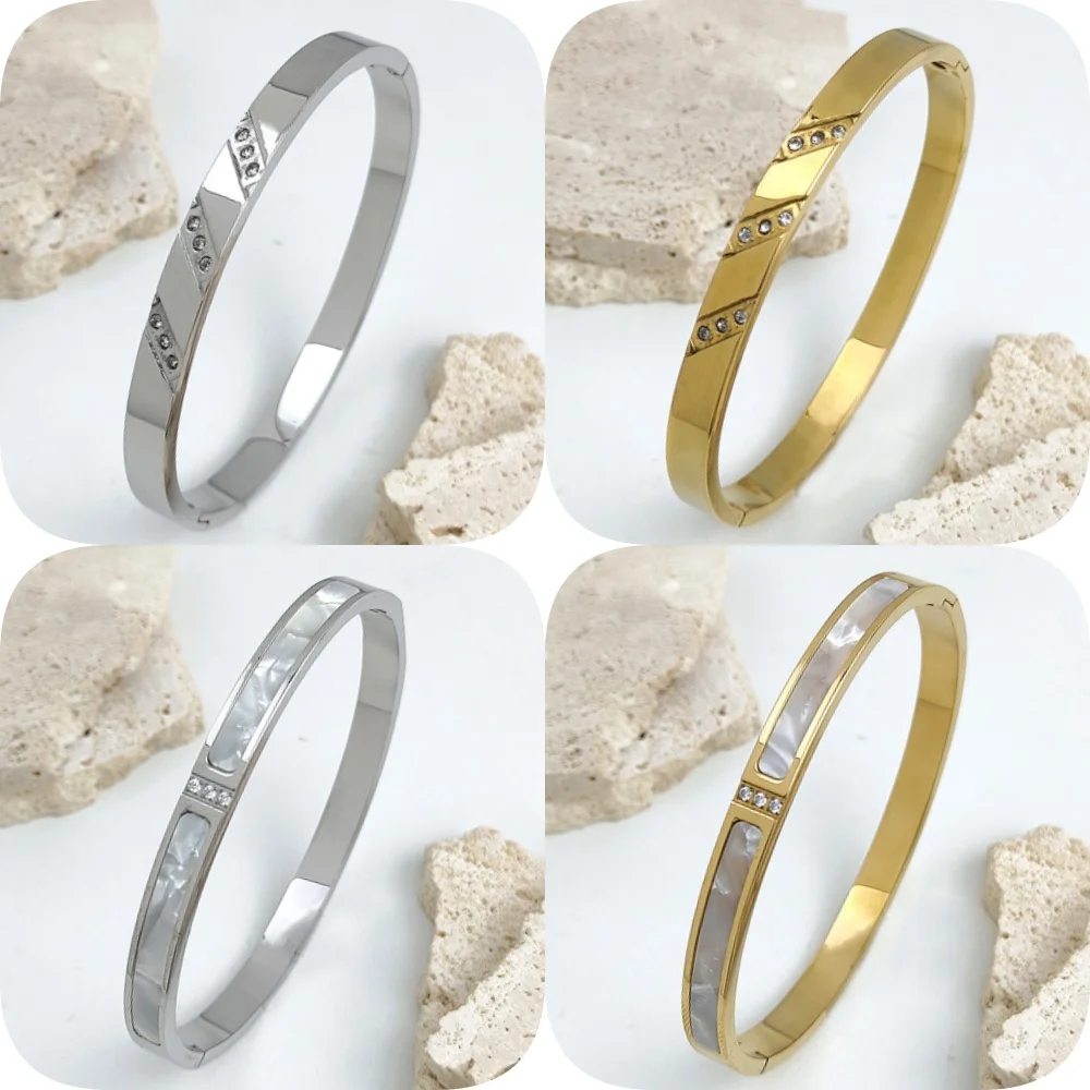 New three-row zircon white shell stainless steel gold-plated bracelet, high-quality silver jewelry, wedding party wear